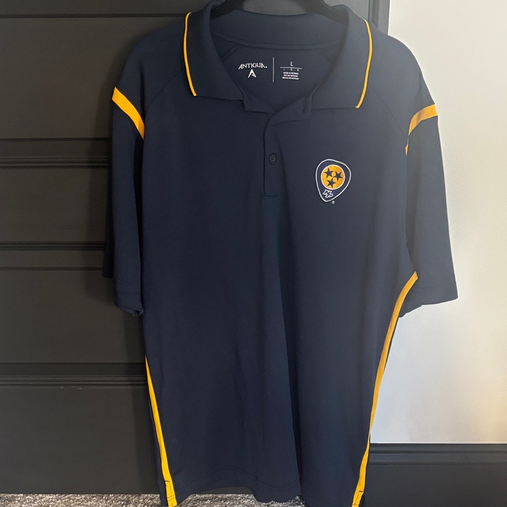 Antigua Men's Polo Shirt - Navy with Yellow Trim- Nashville Predators